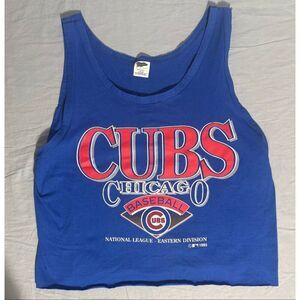 VINTAGE Chicago Cubs Shirt Men Large Blue Baseball 90s Trench Tank Top Crop Cut